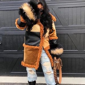 Brand New Color-block Shearling Coat